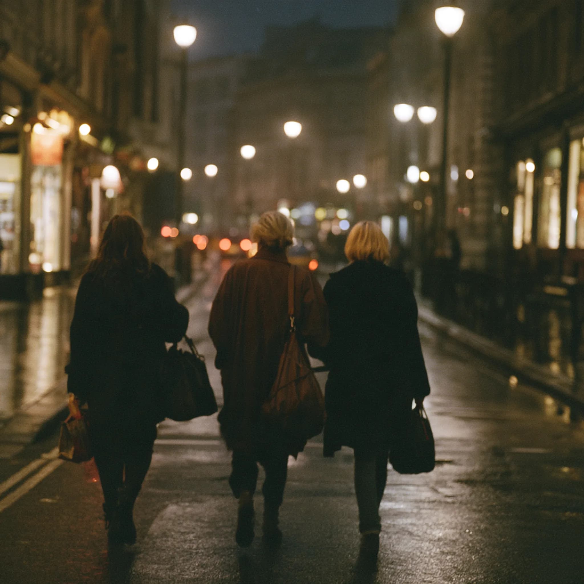 Three women on a lit street at night, walking together, seen from behind