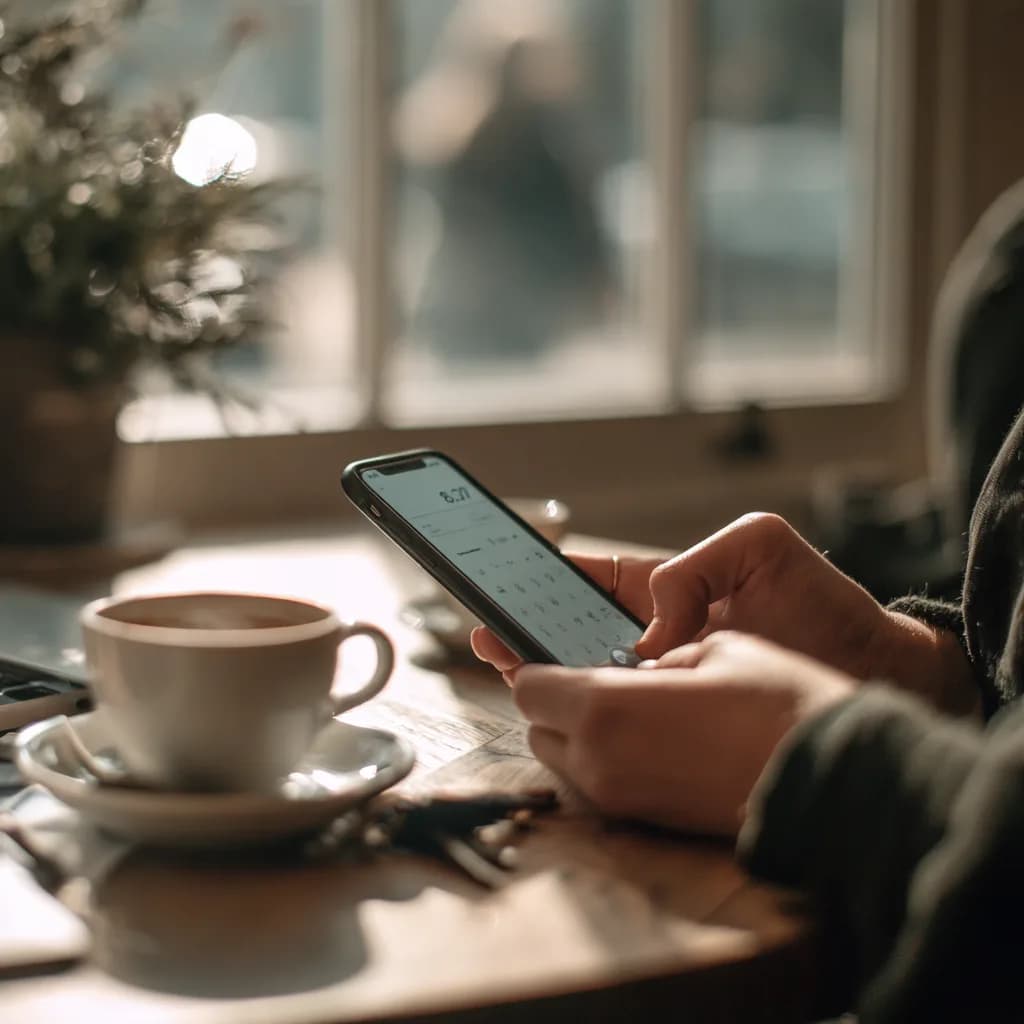 A hand holding a phone with an ordinary-looking screen, on a table in a café