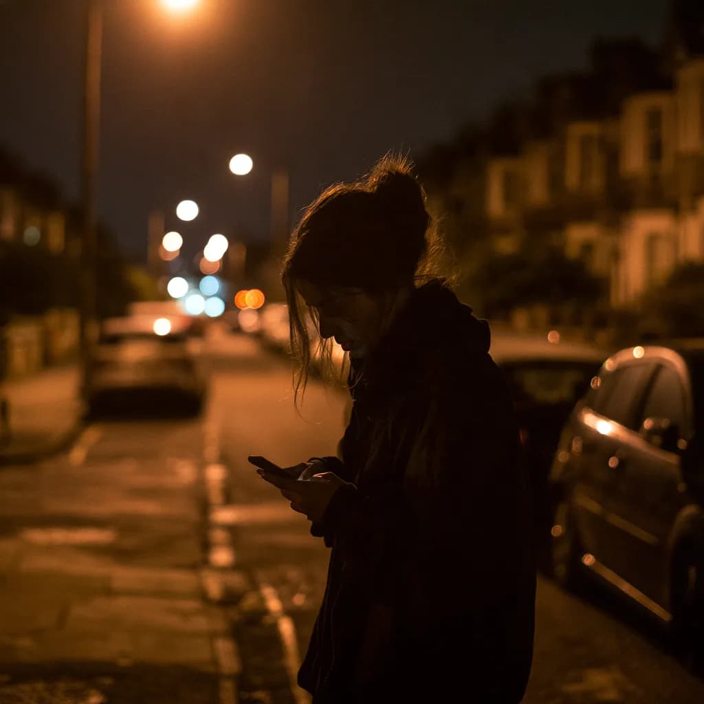 A woman speaking into her phone held low at her side, at night