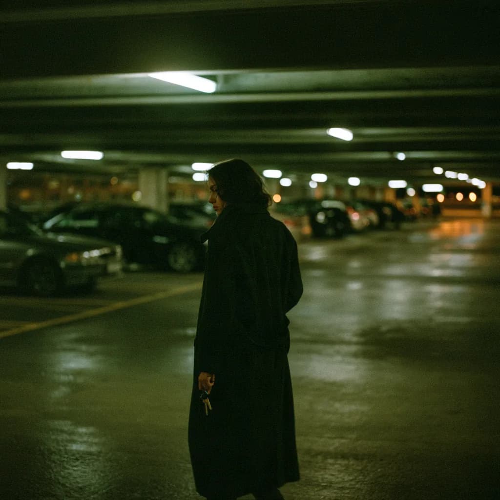 A woman in a long dark coat walking alone through an underground car park at night, keys in her hand