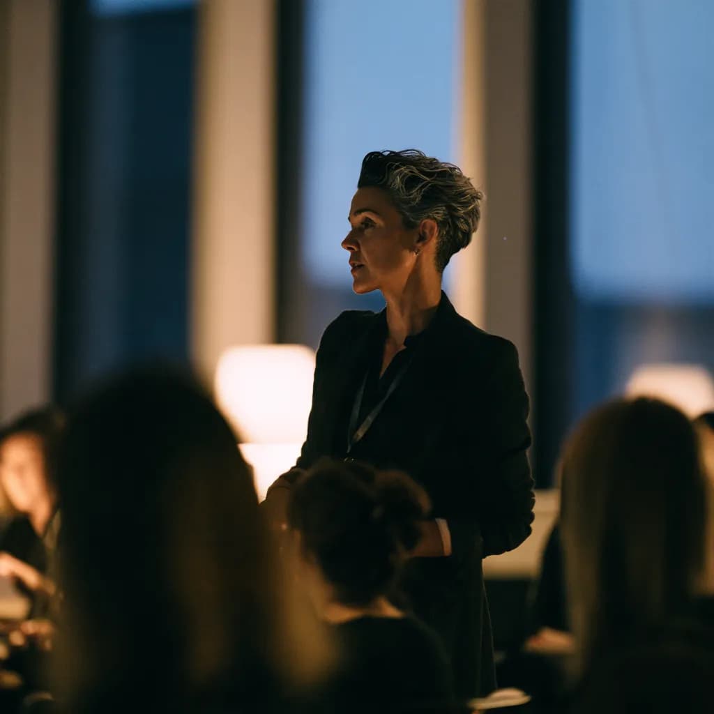 A woman with short grey-streaked hair and a dark blazer, a lanyard round her neck, speaking to a group of seated women in a room at dusk