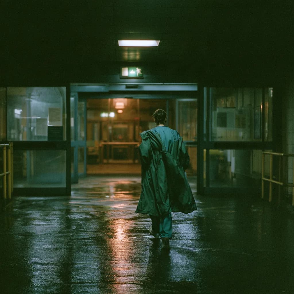 A nurse in green scrubs and a coat walking towards a hospital entrance at night, seen from behind, on wet ground
