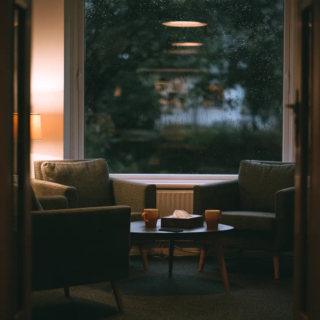 An empty counselling room at dusk: two armchairs facing each other, tea and tissues on the table, rain on the window