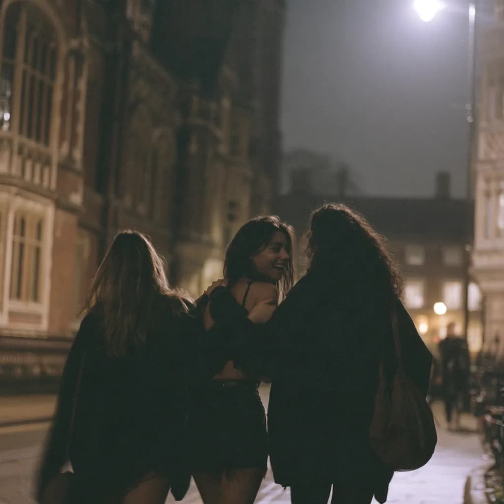 Three young women walking together past old university buildings on a misty night, seen mostly from behind